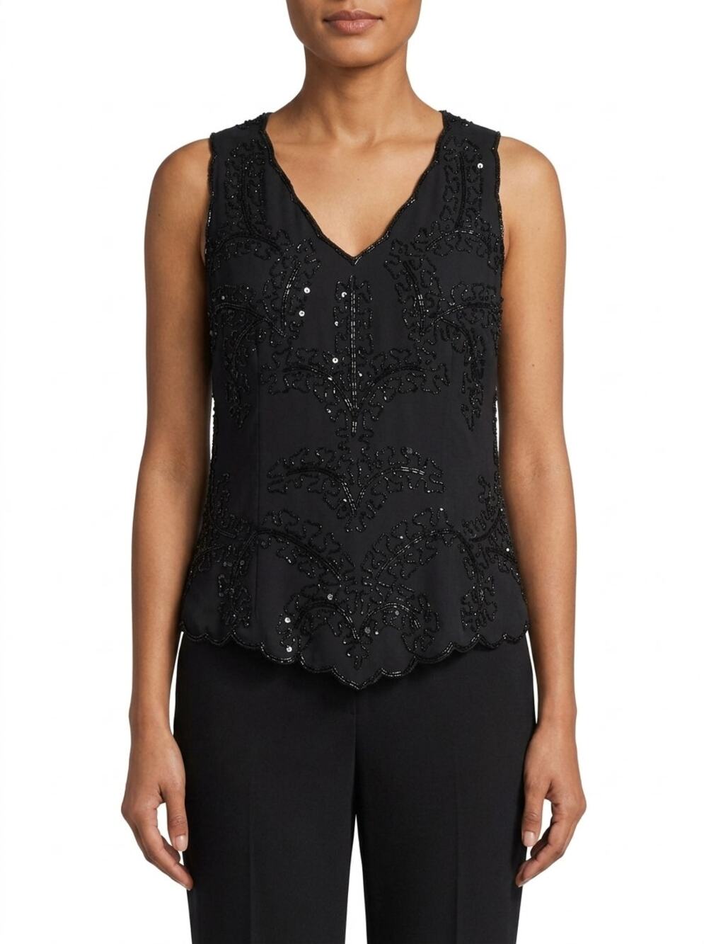 JMD New York Black Sequin Beaded V-Neck Chiffon Blouse Women Size XL
